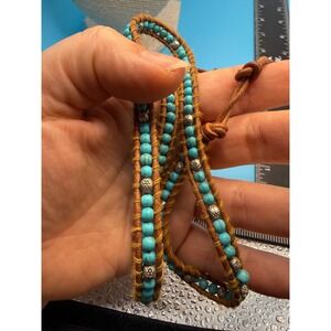 Turquoise Bead Brown Leather Wrap Bracelet Silver Tone Accents Boho Southwestern